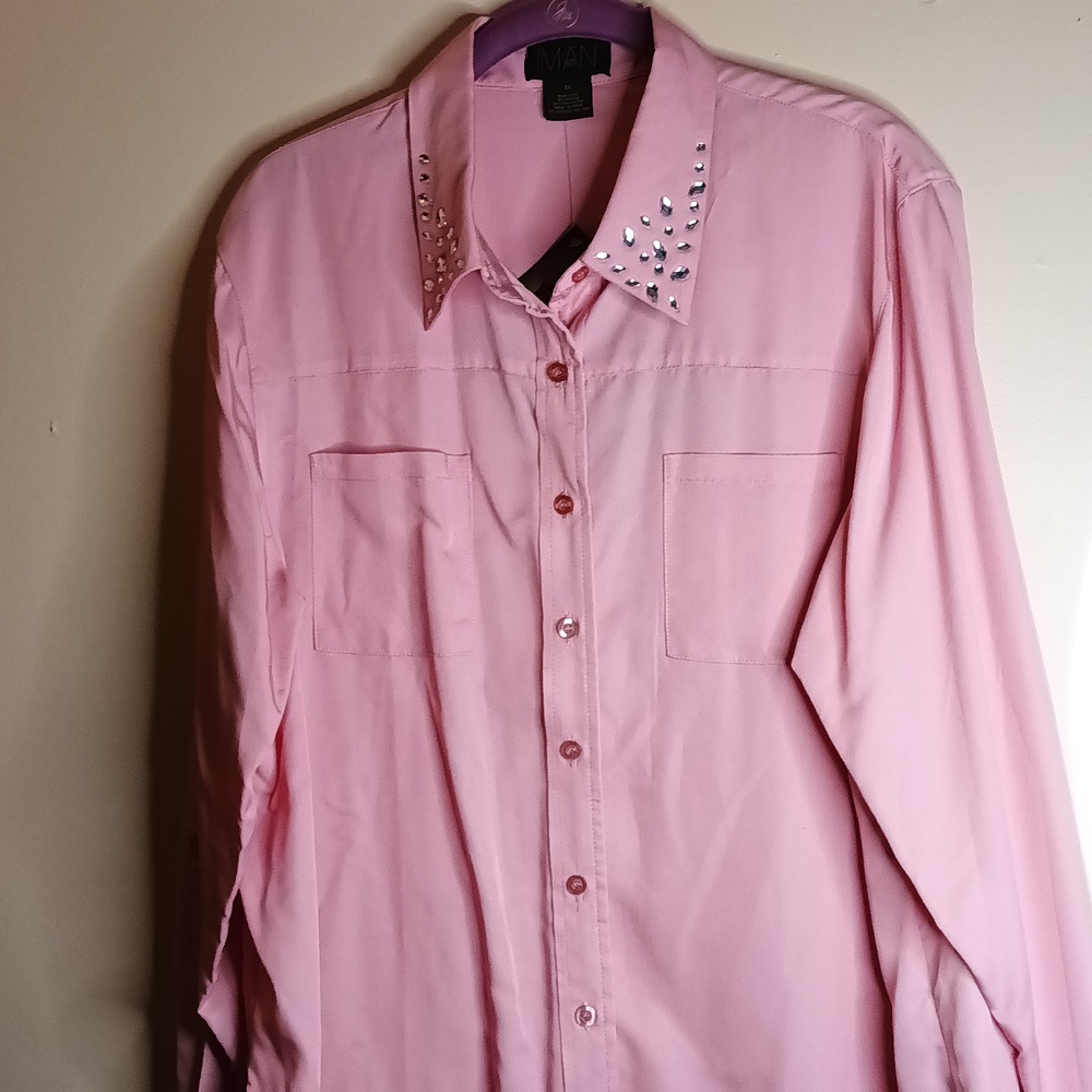 IMAN Global Chic Collection Pink Button Long Sleeve Embellished Collar Blouse 1X